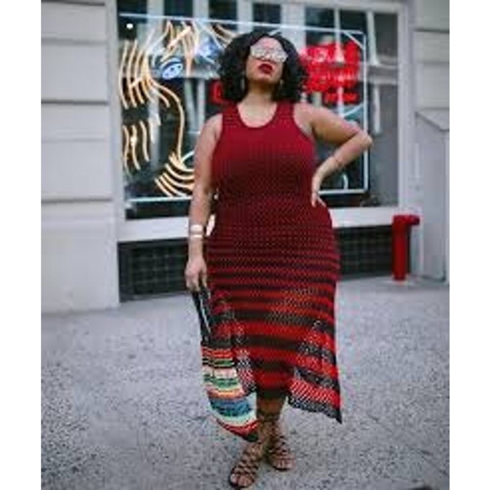 Zara  Studio Red Black Linen Maxi Long Knit Crochet Dress Sz M